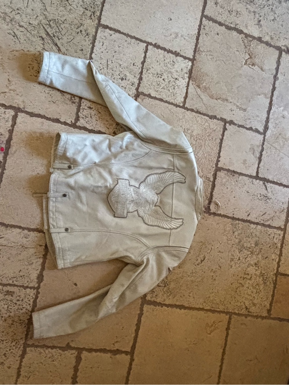RARE Harley-Davidson Cream Leather Jacket & matching Chaps w/ Embroidered Eagle - Picture 3 of 10